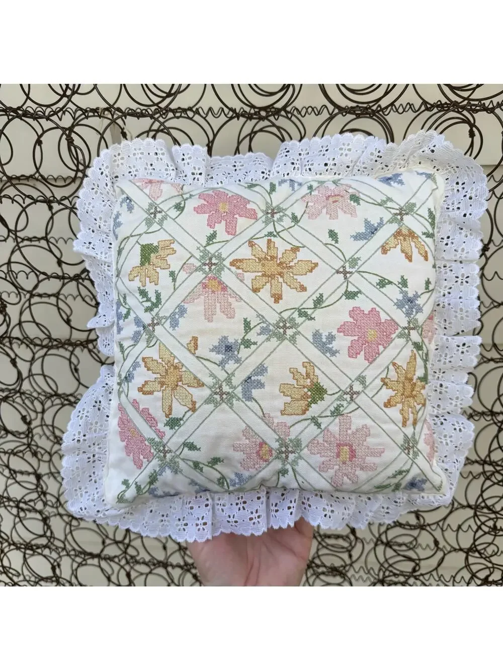 VTG 90s Cottagecore Floral Needlepoint Eyelet Lace Grannycore Throw Pillow 14x14